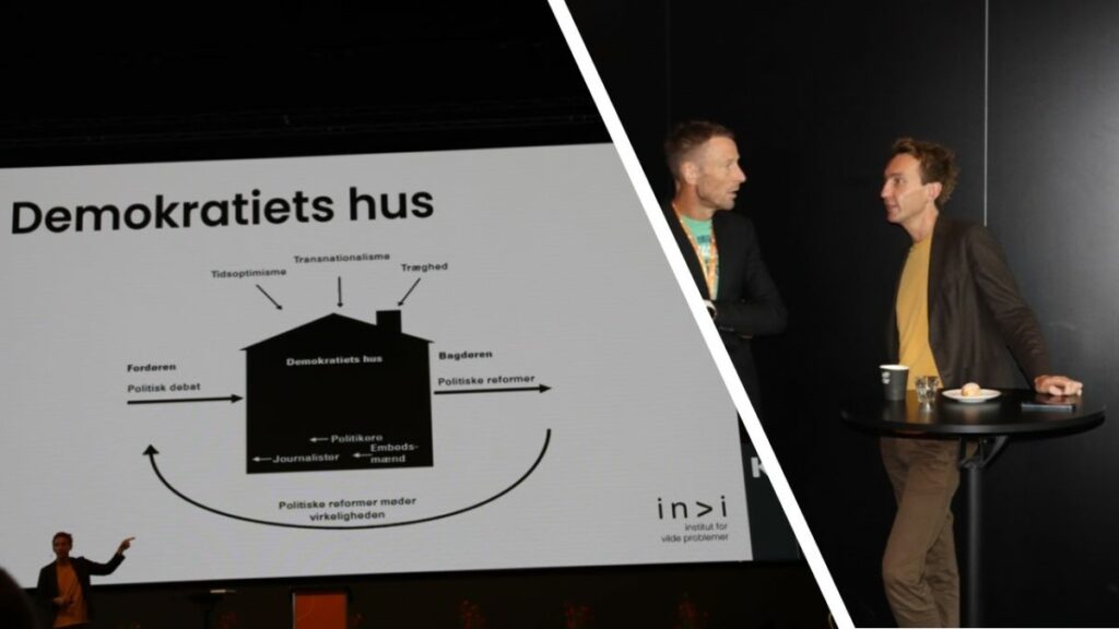 Forfatteren Sigge Winther Nielsen(th) i dialog med formanden for de offentlige indkøbere