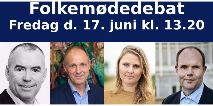 Chefredaktør fra NB-Medier Arne Ullum (t.v.) moderer en debat om økonomiaftalens konsekvenser for det specialiserede socialområde på Folkemødet. I panelet sidder KL-formand Martin Damm (V)