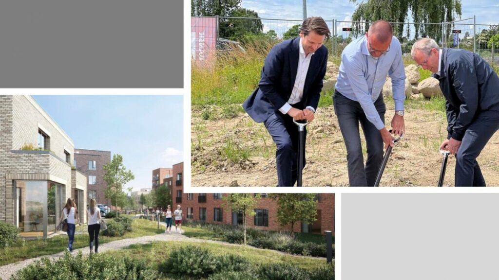 Borgmester Knud Vincents og Peter Morgan fra PFA tager sammen med  administrerende direktør i OK-Fonden Ulrik Ahrendt-Jensen første spadestik på byggegrunden i Slagelse Bypark