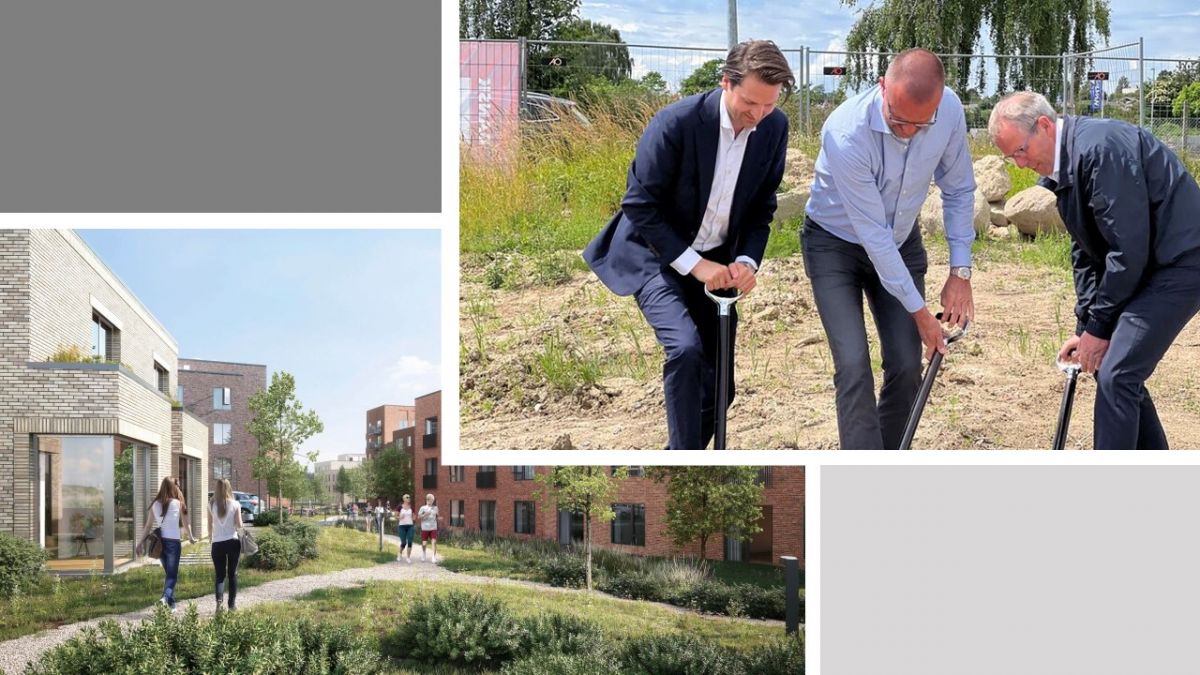 Borgmester Knud Vincents og Peter Morgan fra PFA tager sammen med  administrerende direktør i OK-Fonden Ulrik Ahrendt-Jensen første spadestik på byggegrunden i Slagelse Bypark