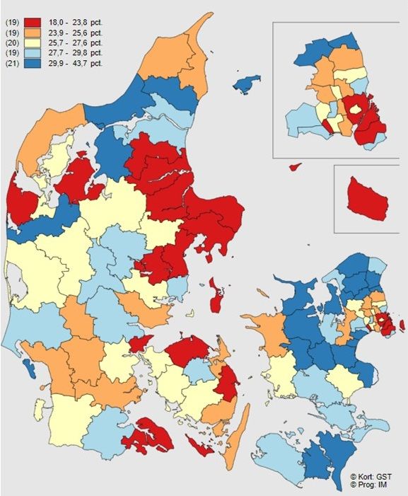 Indikatoren for kommunal samarbejde med private leverandører er faldet siden 2019. - Rød farve angiver de kommuner der konkurrenceudsatte mindst i 2019