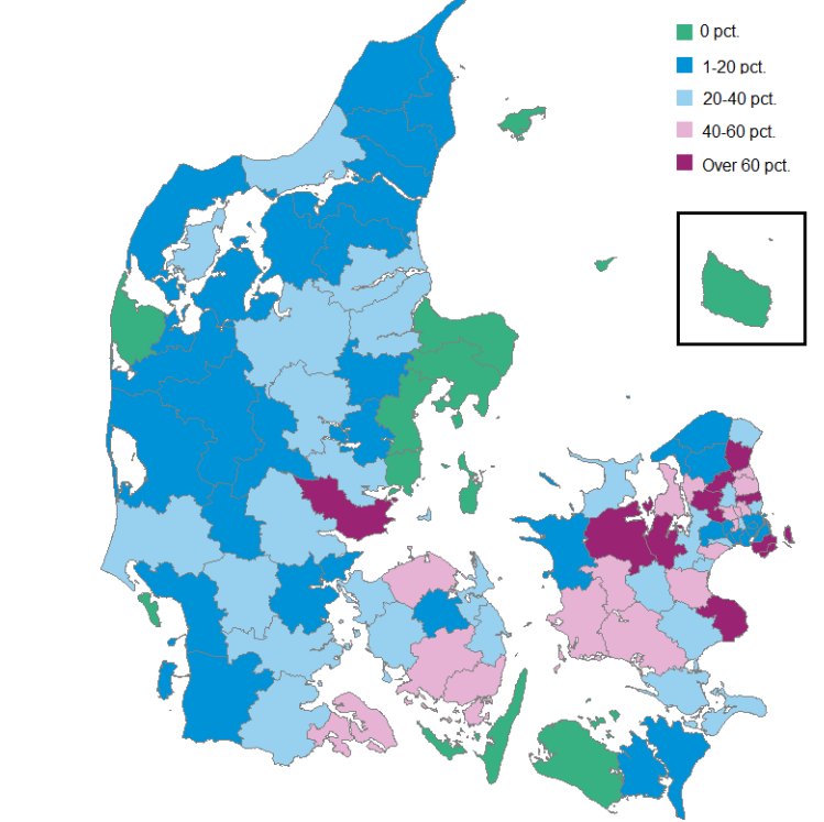 Andel af kommunale bygninger opvarmet med naturgas fordelt på kommuner. Få link til hele analysen inde i artiklen.